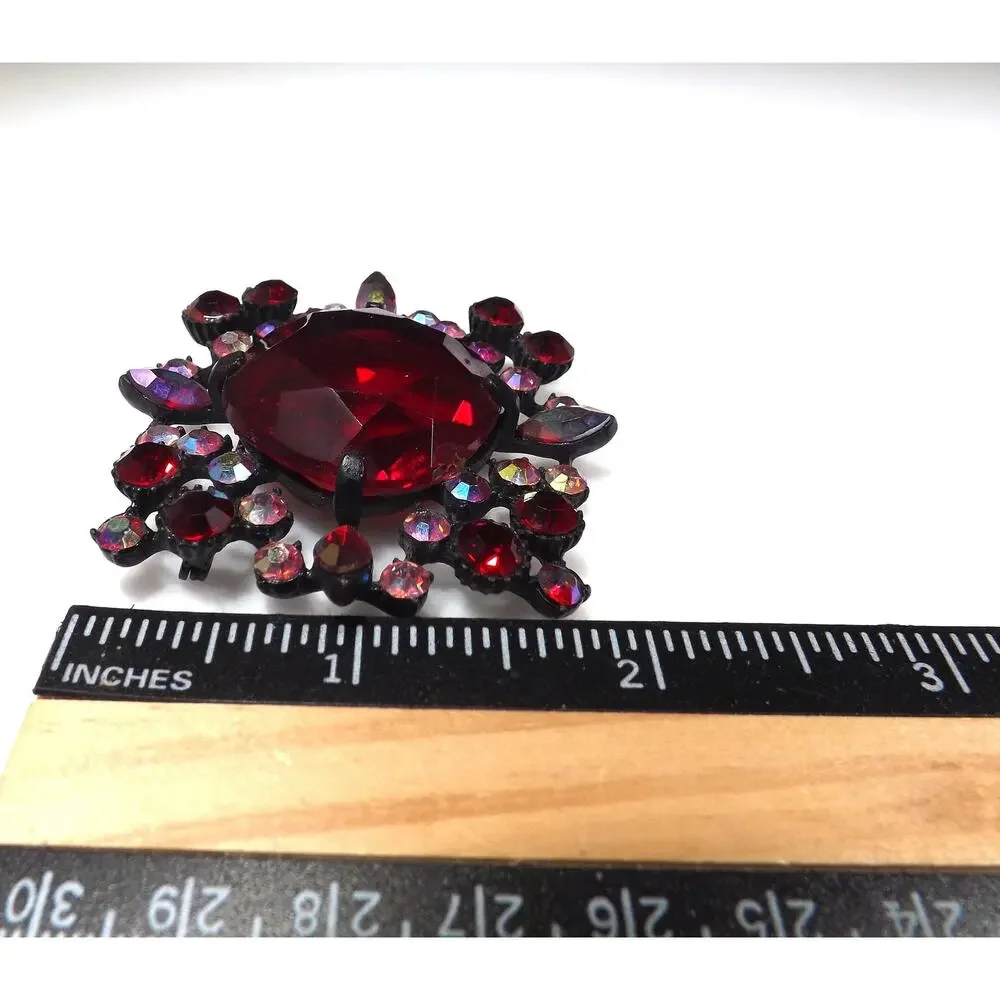 Red Large Rhinestone Aurora Borealis Brooch, Japanned Black Enamel 1970s Vintage
